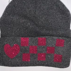 Hot Pink Glitter HEART & CHECKERED gray beanie